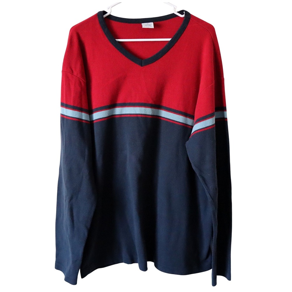 Old Navy Mens Red Navy Blue Stripe V Neck‎ Long Sleeve Sweater XL Cotton Vintage